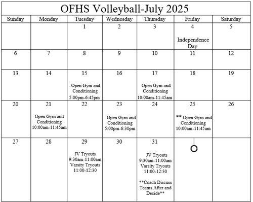 Volleyball Schedule July 2025